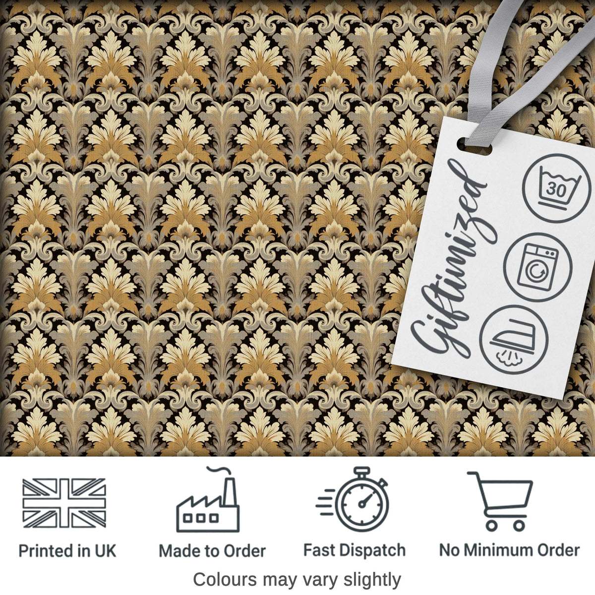 Luxury Gold Leaf Damask on Black Background Seamless Pattern Digital Print Fabric by the Metre UK Sewing Quilting Textile