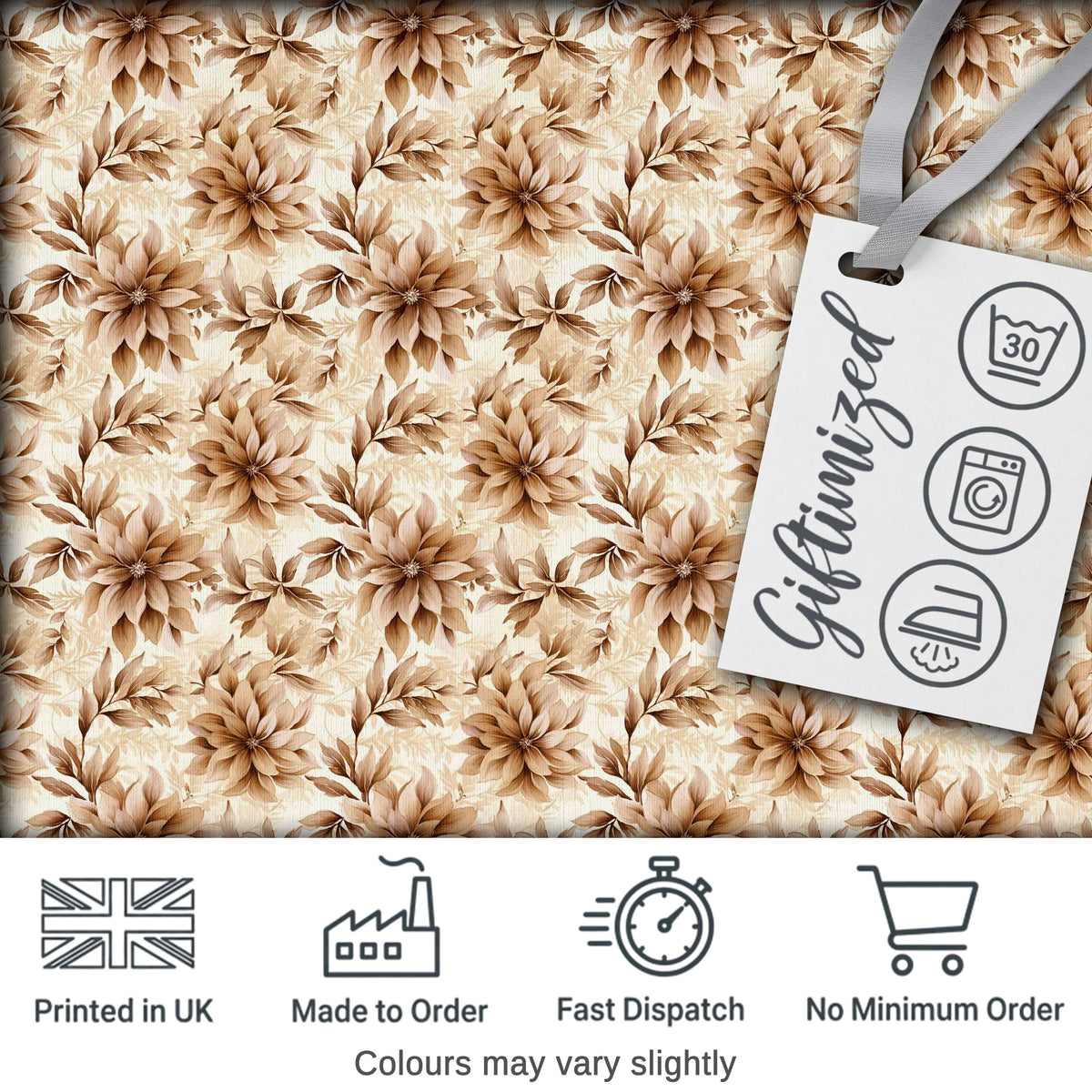 Soft Brown Floral Blossom Vintage Seamless Pattern Digital Print Fabric by the Metre UK Sewing Quilting Textile
