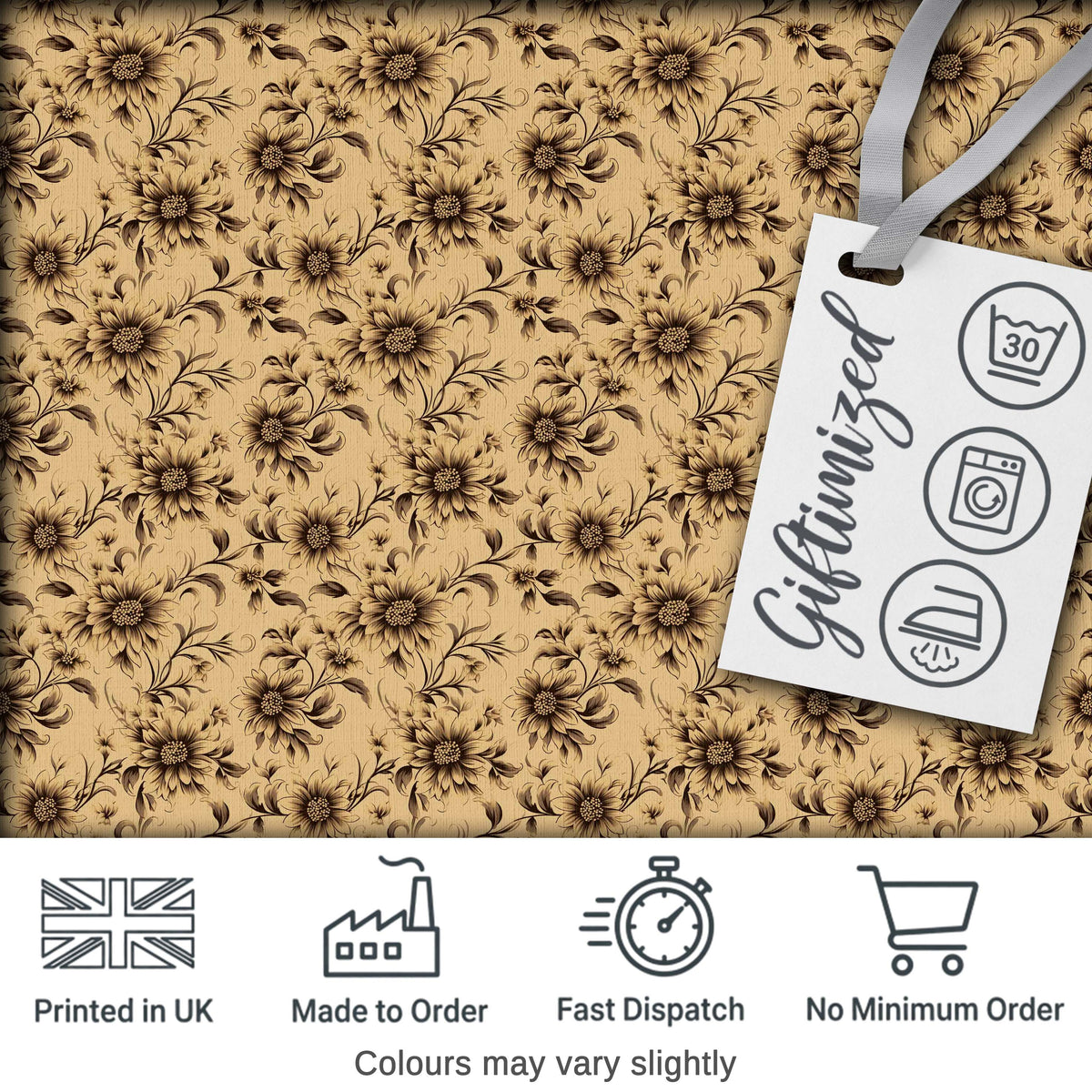 Classic Sepia Daisy Floral Botanical Seamless Pattern Digital Print Fabric by the Metre UK Sewing Quilting Textile
