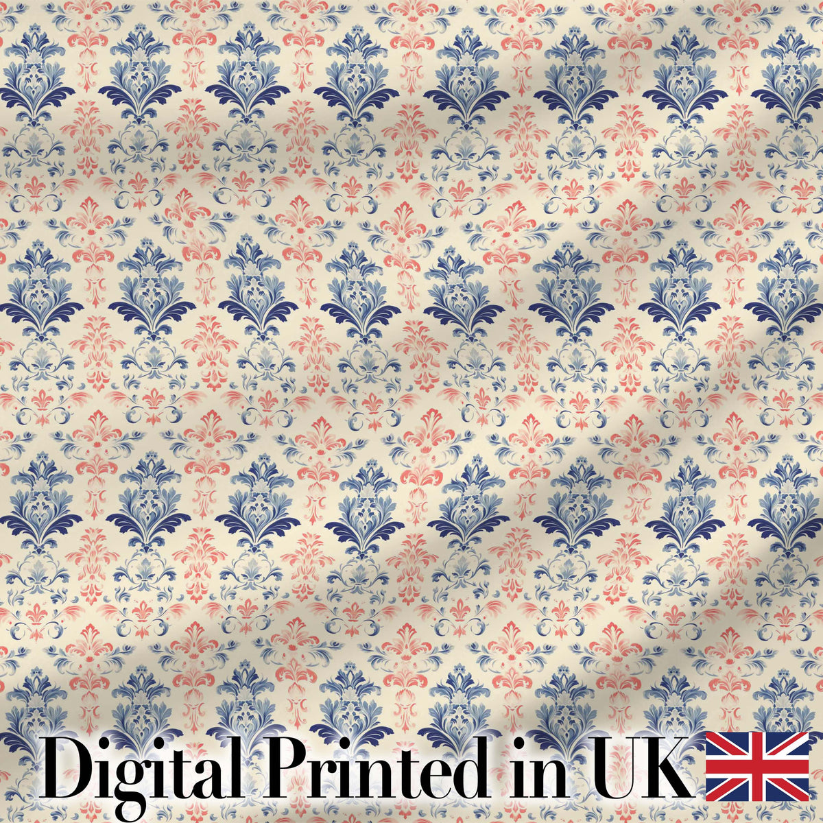 Classic Blue Red Damask Vintage Floral Seamless Pattern Digital Print Fabric by the Metre UK Sewing Quilting Textile