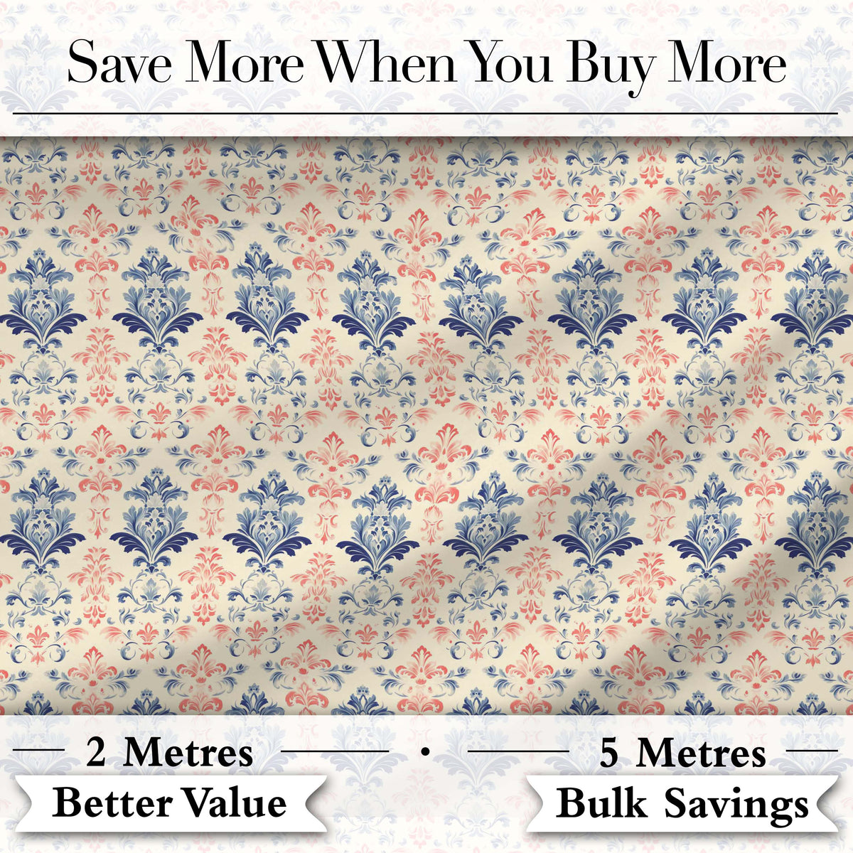 Classic Blue Red Damask Vintage Floral Seamless Pattern Digital Print Fabric by the Metre UK Sewing Quilting Textile