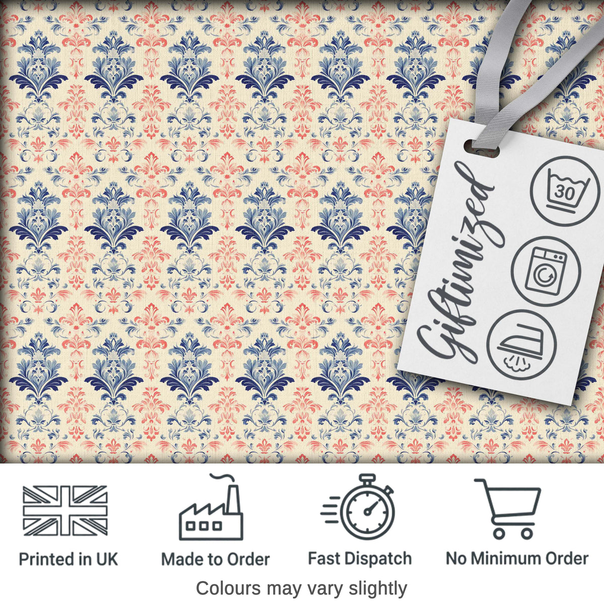 Classic Blue Red Damask Vintage Floral Seamless Pattern Digital Print Fabric by the Metre UK Sewing Quilting Textile