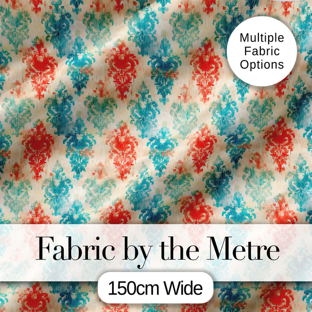 Distressed Teal Red Ornamental Damask Grunge Seamless Pattern Digital Print Fabric by the Metre UK Sewing Quilting Textile