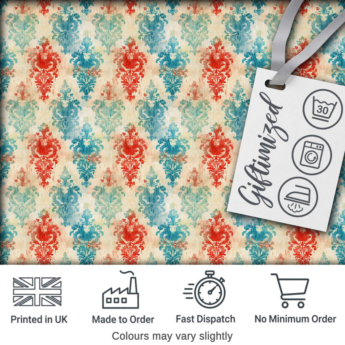 Distressed Teal Red Ornamental Damask Grunge Seamless Pattern Digital Print Fabric by the Metre UK Sewing Quilting Textile