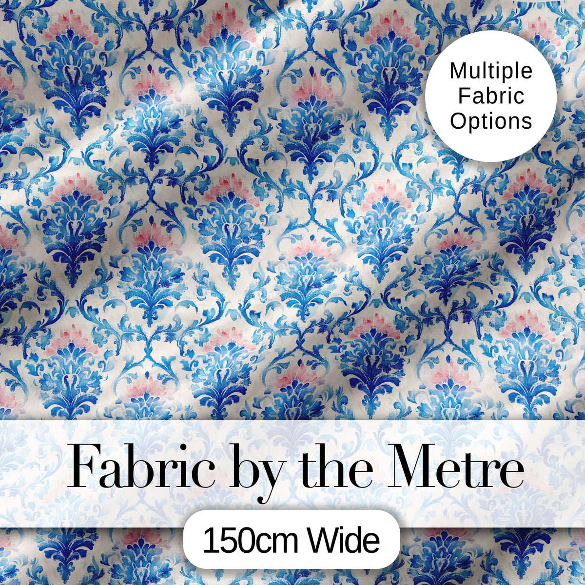 Blue Floral Baroque Scroll Classic Seamless Pattern Digital Print Fabric by the Metre UK Sewing Quilting Textile