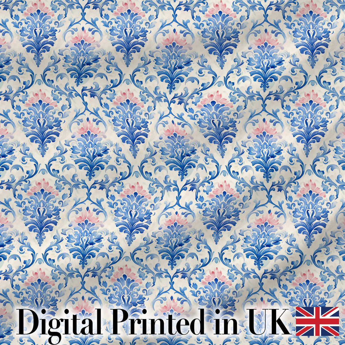 Blue Floral Baroque Scroll Classic Seamless Pattern Digital Print Fabric by the Metre UK Sewing Quilting Textile
