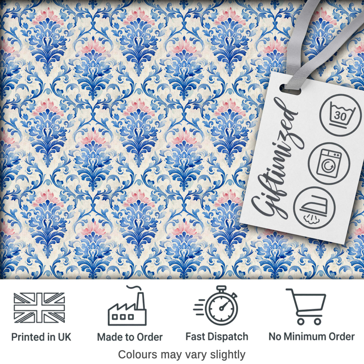 Blue Floral Baroque Scroll Classic Seamless Pattern Digital Print Fabric by the Metre UK Sewing Quilting Textile