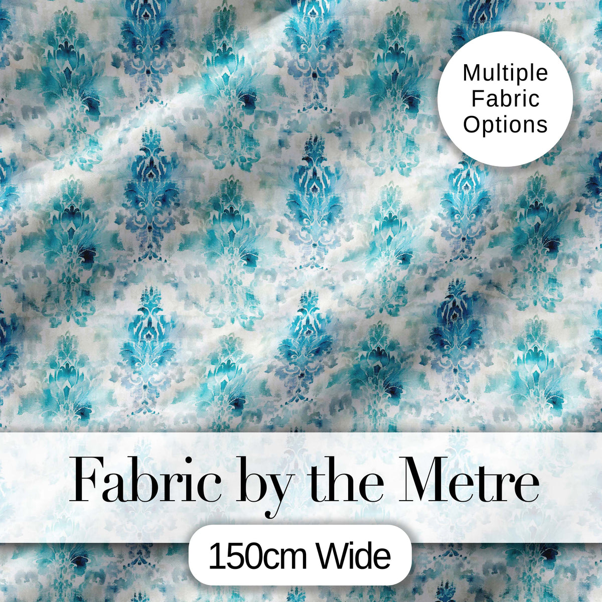 Blue Watercolor Abstract Damask Artistic Seamless Pattern Digital Print Fabric by the Metre UK Sewing Quilting Textile