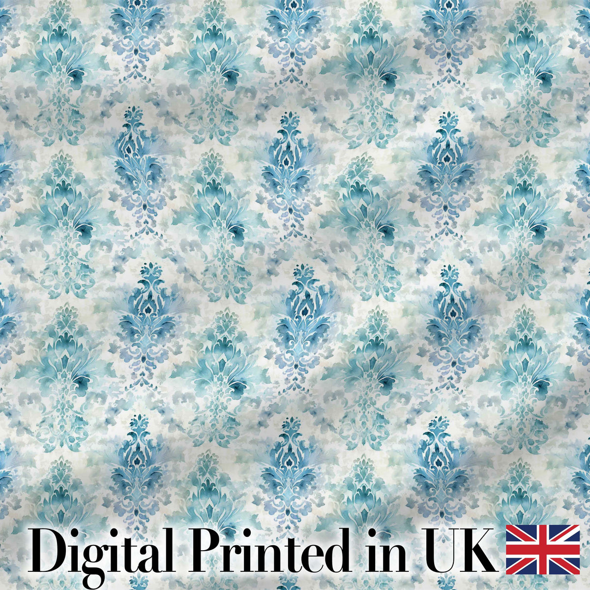 Blue Watercolor Abstract Damask Artistic Seamless Pattern Digital Print Fabric by the Metre UK Sewing Quilting Textile