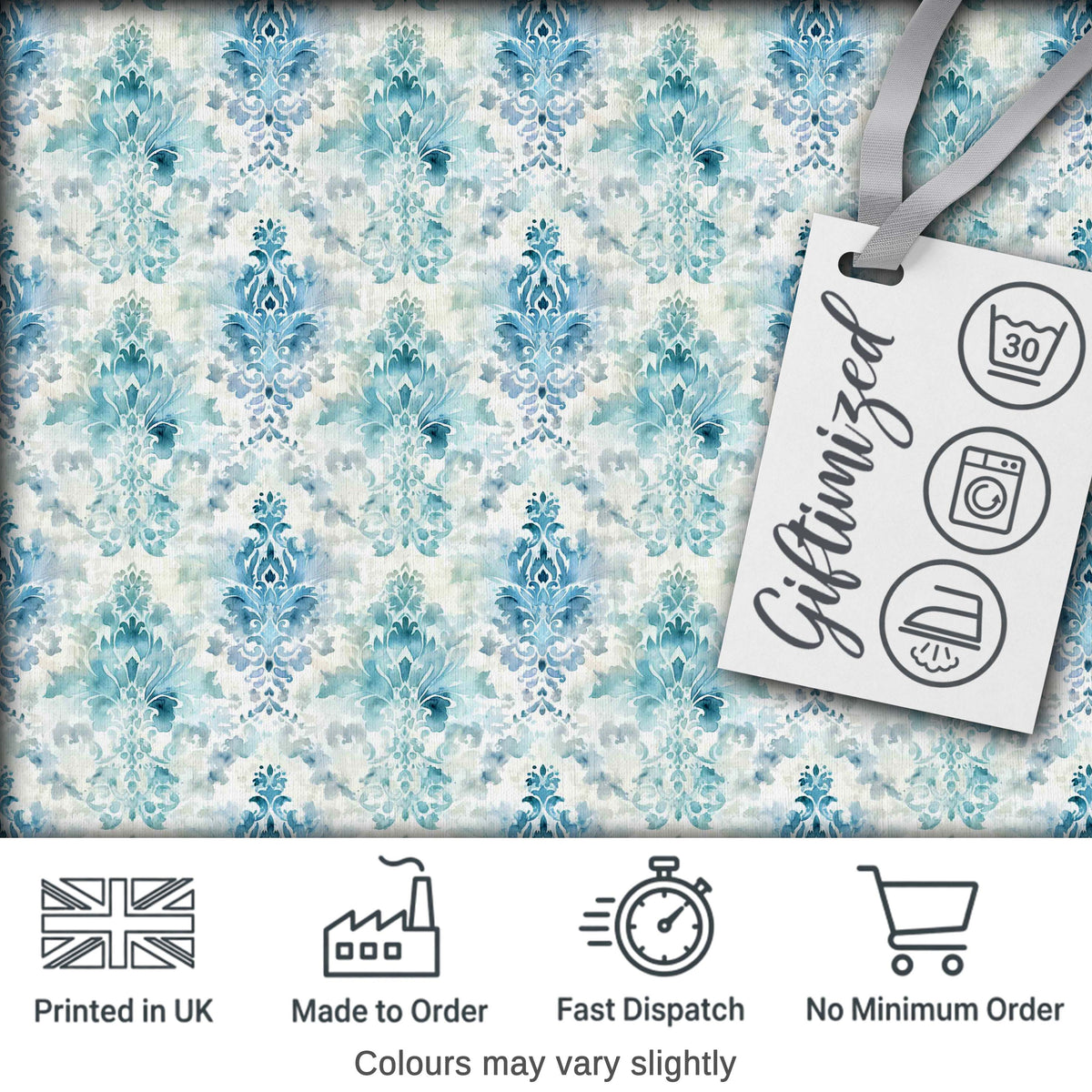 Blue Watercolor Abstract Damask Artistic Seamless Pattern Digital Print Fabric by the Metre UK Sewing Quilting Textile