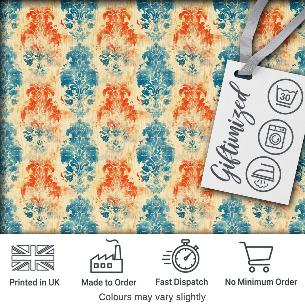 Distressed Blue Red Grunge Damask Seamless Pattern Digital Print Fabric by the Metre UK Sewing Quilting Textile