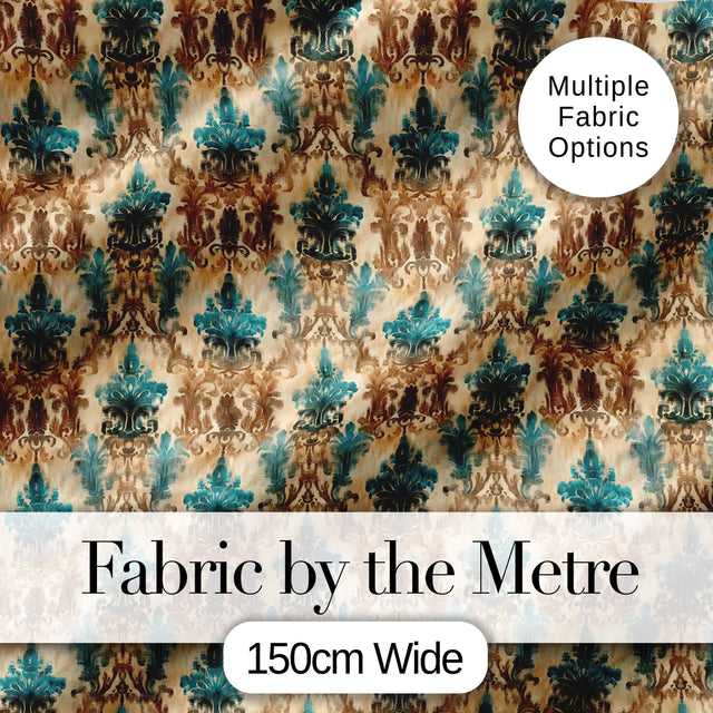 Antique Brown Teal Baroque Damask Classic Seamless Pattern Digital Print Fabric by the Metre UK Sewing Quilting Textile