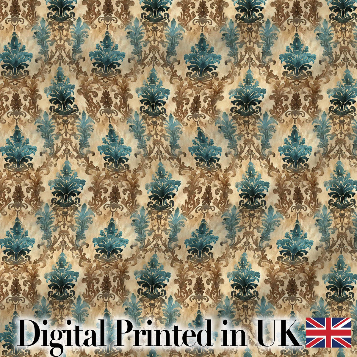 Antique Brown Teal Baroque Damask Classic Seamless Pattern Digital Print Fabric by the Metre UK Sewing Quilting Textile