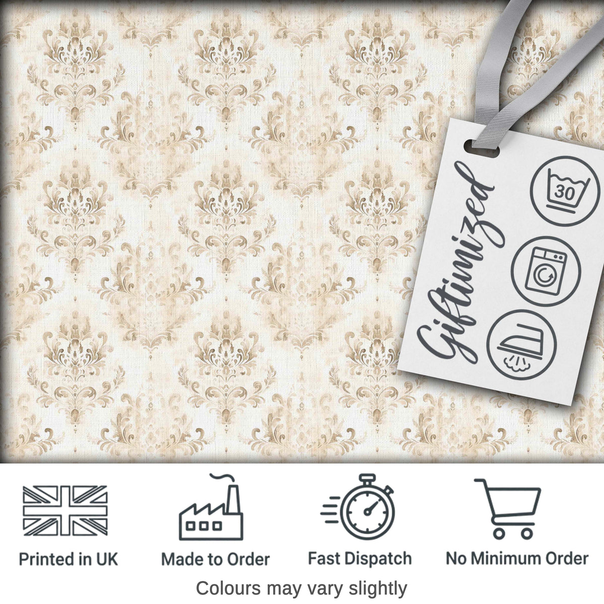 Elegant Neutral Beige Vintage Damask Floral Seamless Pattern Digital Print Fabric by the Metre UK Sewing Quilting Textile
