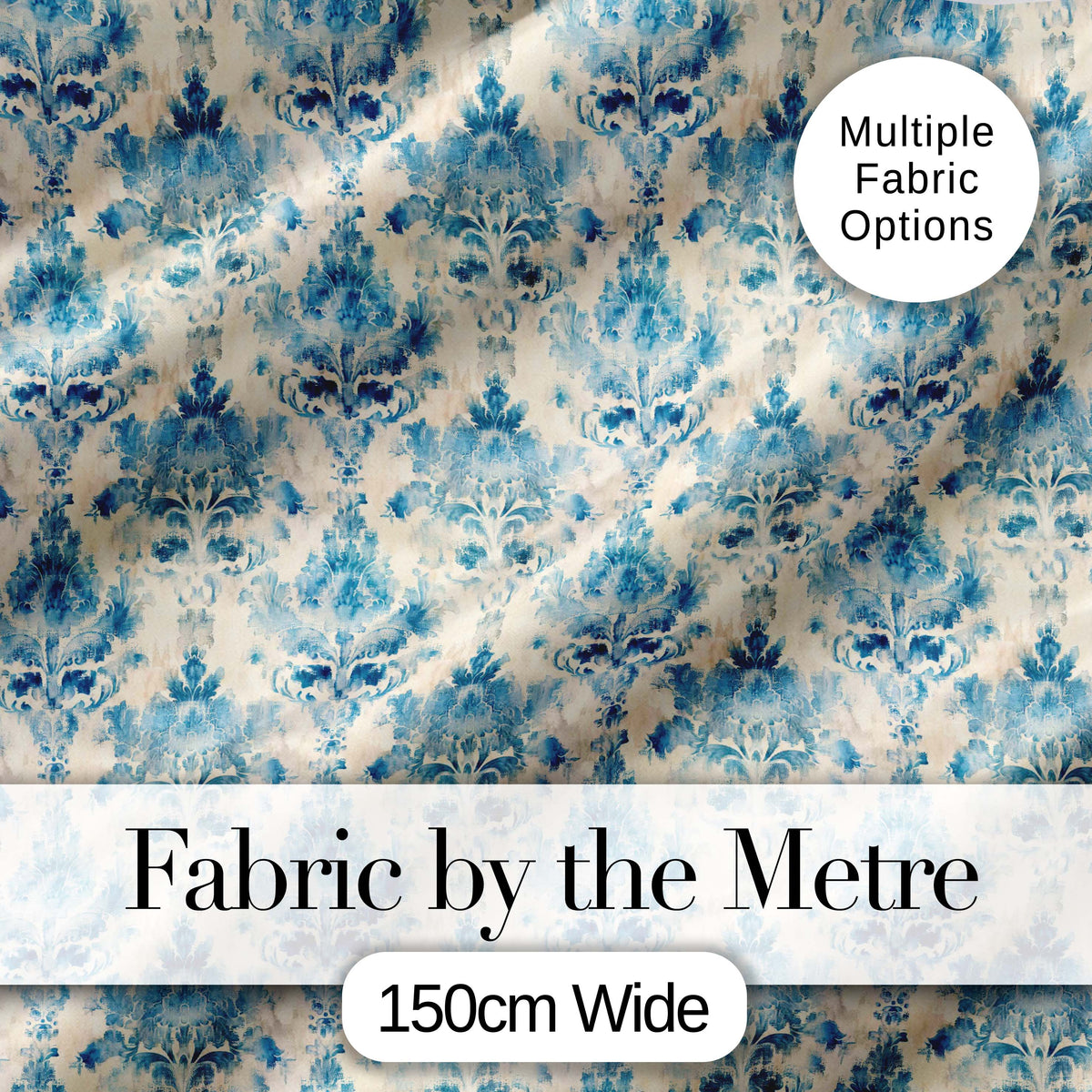 Classic Blue Watercolor Damask Ornamental Seamless Pattern Digital Print Fabric by the Metre UK Sewing Quilting Textile