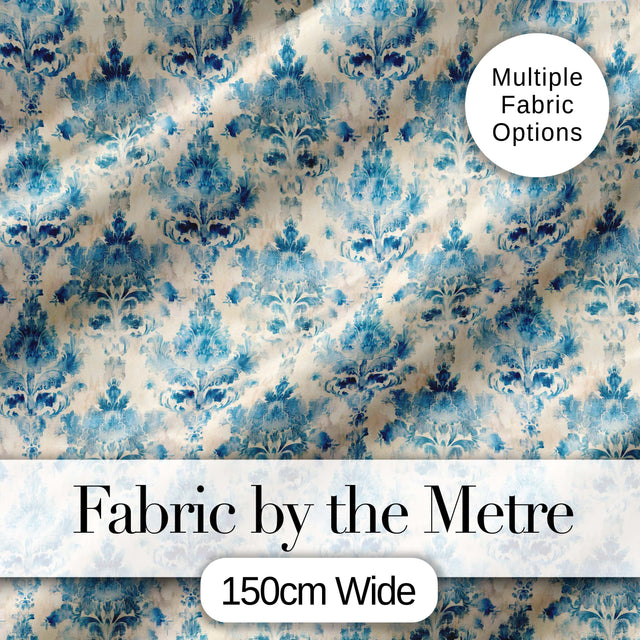 Classic Blue Watercolor Damask Ornamental Seamless Pattern Digital Print Fabric by the Metre UK Sewing Quilting Textile