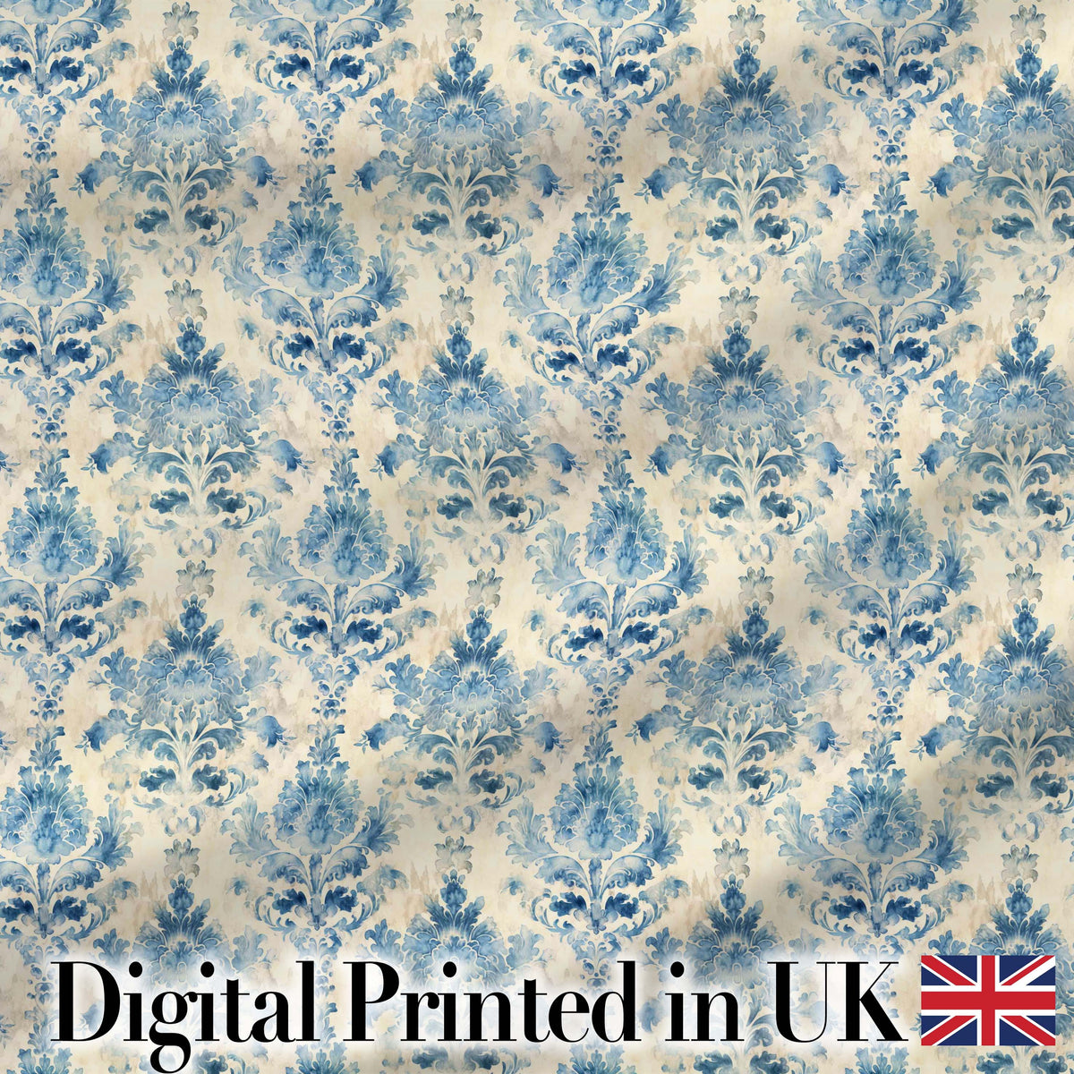 Classic Blue Watercolor Damask Ornamental Seamless Pattern Digital Print Fabric by the Metre UK Sewing Quilting Textile