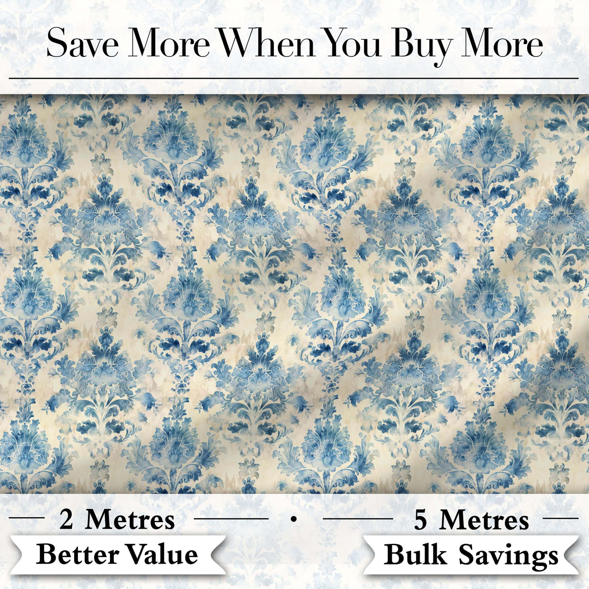 Classic Blue Watercolor Damask Ornamental Seamless Pattern Digital Print Fabric by the Metre UK Sewing Quilting Textile