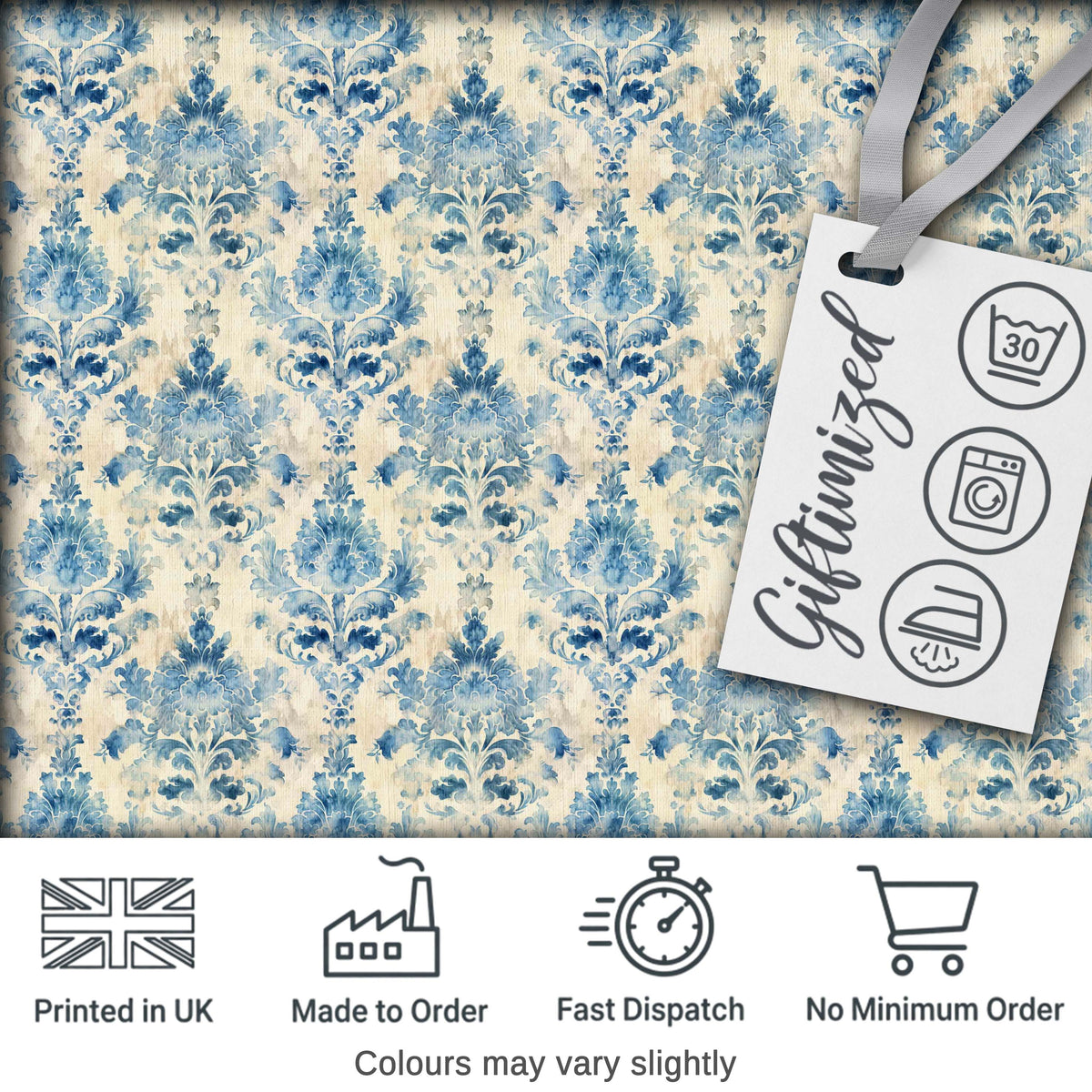 Classic Blue Watercolor Damask Ornamental Seamless Pattern Digital Print Fabric by the Metre UK Sewing Quilting Textile