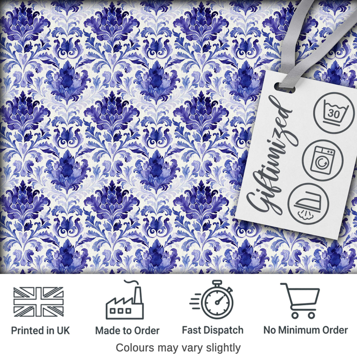 Deep Indigo Floral Damask Vintage Seamless Pattern Digital Print Fabric by the Metre UK Sewing Quilting Textile