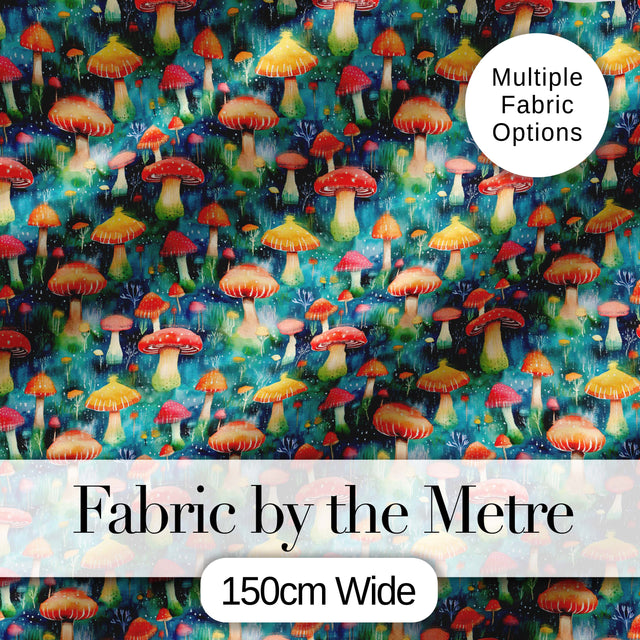 Whimsical Forest Mushrooms Colorful Nature Seamless Pattern Digital Print Fabric by the Metre UK Sewing Quilting Textile
