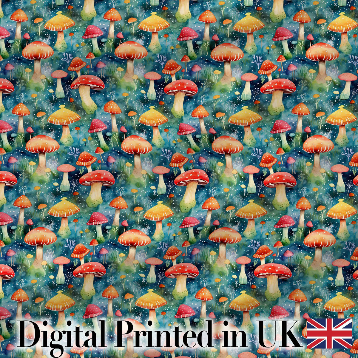 Whimsical Forest Mushrooms Colorful Nature Seamless Pattern Digital Print Fabric by the Metre UK Sewing Quilting Textile