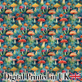 Whimsical Forest Mushrooms Colorful Nature Seamless Pattern Digital Print Fabric by the Metre UK Sewing Quilting Textile