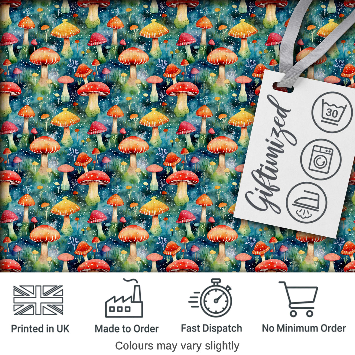 Whimsical Forest Mushrooms Colorful Nature Seamless Pattern Digital Print Fabric by the Metre UK Sewing Quilting Textile