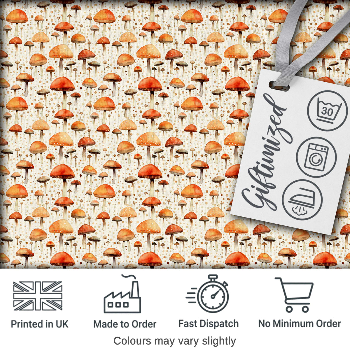 Autumn Mushroom Scatter Warm Earthy Seamless Pattern Digital Print Fabric by the Metre UK Sewing Quilting Textile