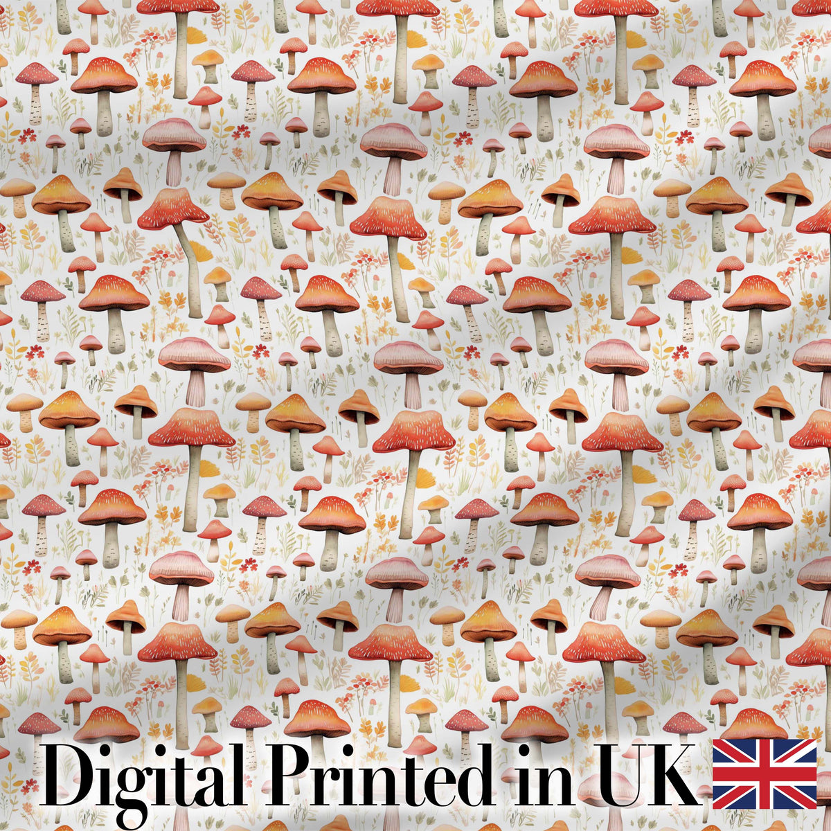 Autumn Orange Woodland Mushroom Botanical Seamless Pattern Digital Print Fabric by the Metre UK Sewing Quilting Textile