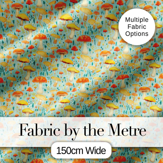 Bright Yellow Mushroom Botanical Garden Seamless Pattern Digital Print Fabric by the Metre UK Sewing Quilting Textile