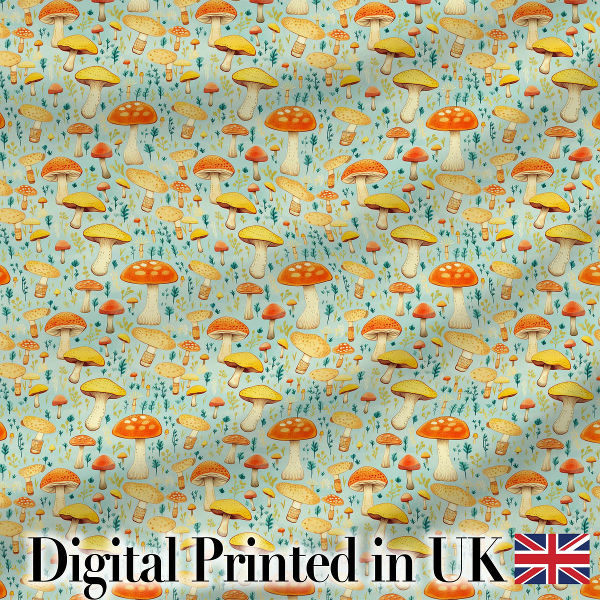 Bright Yellow Mushroom Botanical Garden Seamless Pattern Digital Print Fabric by the Metre UK Sewing Quilting Textile
