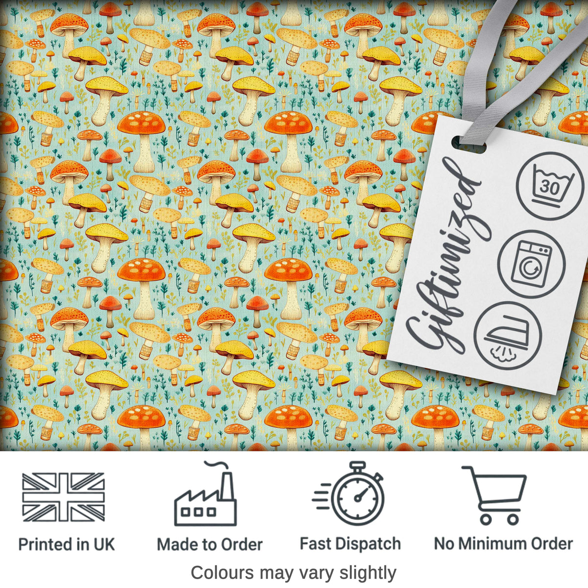 Bright Yellow Mushroom Botanical Garden Seamless Pattern Digital Print Fabric by the Metre UK Sewing Quilting Textile