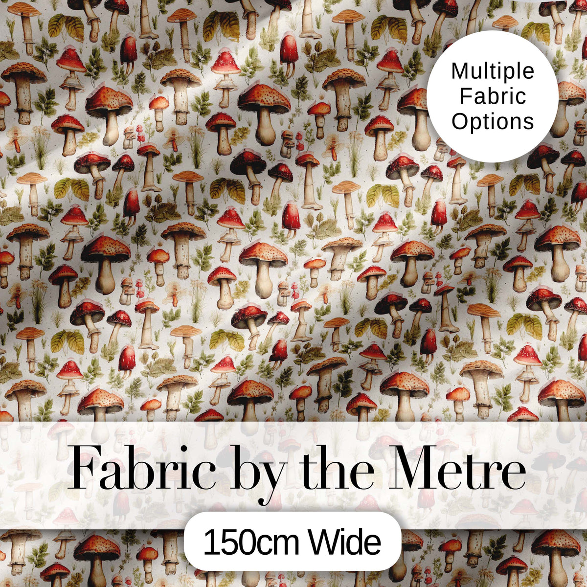 Rustic Woodland Mushroom Leaves Nature Seamless Pattern Digital Print Fabric by the Metre UK Sewing Quilting Textile