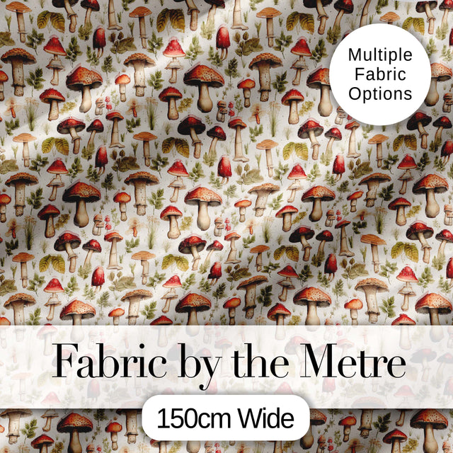 Rustic Woodland Mushroom Leaves Nature Seamless Pattern Digital Print Fabric by the Metre UK Sewing Quilting Textile