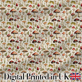 Rustic Woodland Mushroom Leaves Nature Seamless Pattern Digital Print Fabric by the Metre UK Sewing Quilting Textile