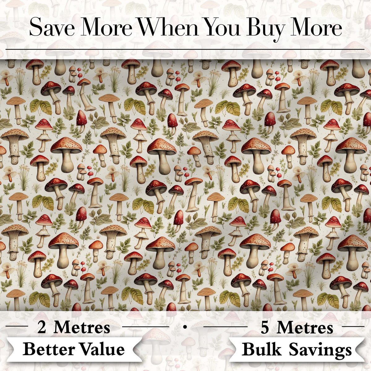Rustic Woodland Mushroom Leaves Nature Seamless Pattern Digital Print Fabric by the Metre UK Sewing Quilting Textile