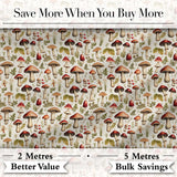 Rustic Woodland Mushroom Leaves Nature Seamless Pattern Digital Print Fabric by the Metre UK Sewing Quilting Textile
