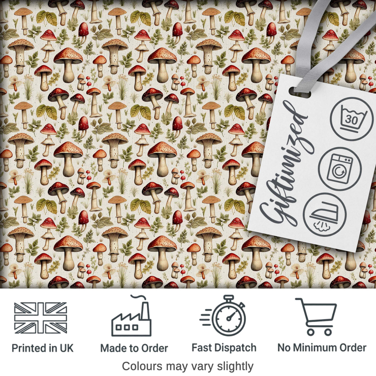 Rustic Woodland Mushroom Leaves Nature Seamless Pattern Digital Print Fabric by the Metre UK Sewing Quilting Textile