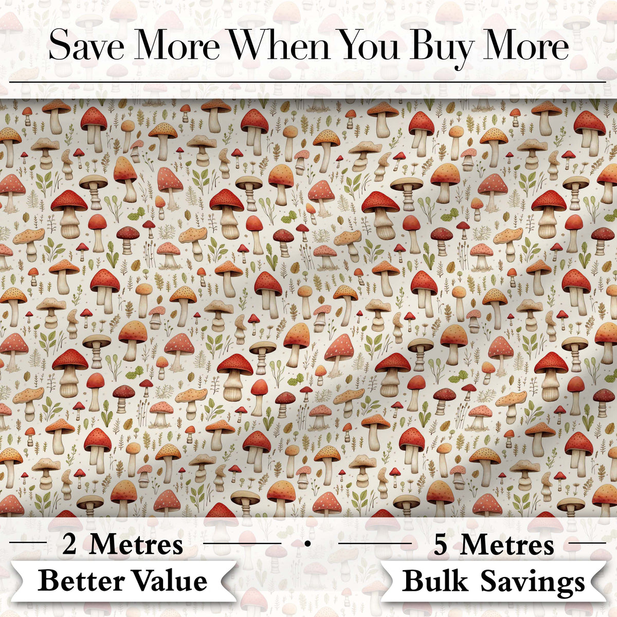 Neutral Earth Tone Mushroom Botanical Seamless Pattern Digital Print Fabric by the Metre UK Sewing Quilting Textile