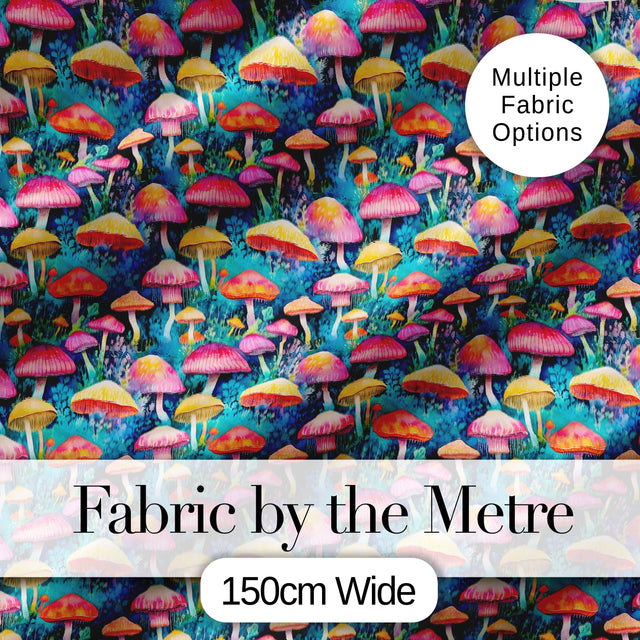 Vibrant Neon Fantasy Mushroom Forest Seamless Pattern Digital Print Fabric by the Metre UK Sewing Quilting Textile