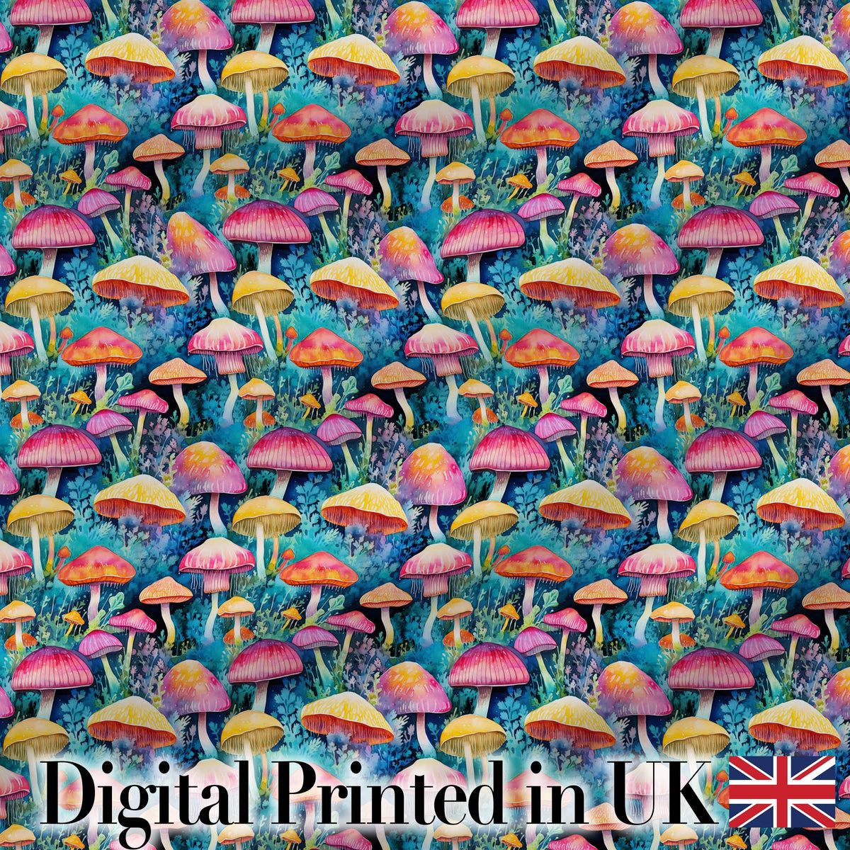 Vibrant Neon Fantasy Mushroom Forest Seamless Pattern Digital Print Fabric by the Metre UK Sewing Quilting Textile