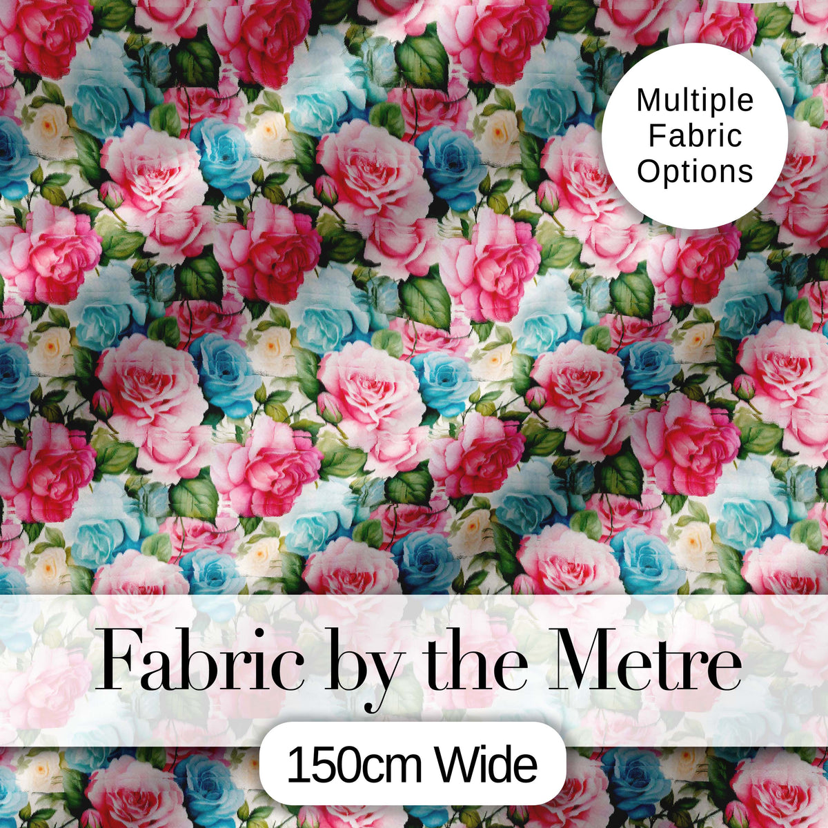 Elegant Pink Blue Rose Floral Seamless Pattern Digital Print Fabric by the Metre UK Sewing Quilting Textile