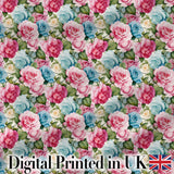 Elegant Pink Blue Rose Floral Seamless Pattern Digital Print Fabric by the Metre UK Sewing Quilting Textile