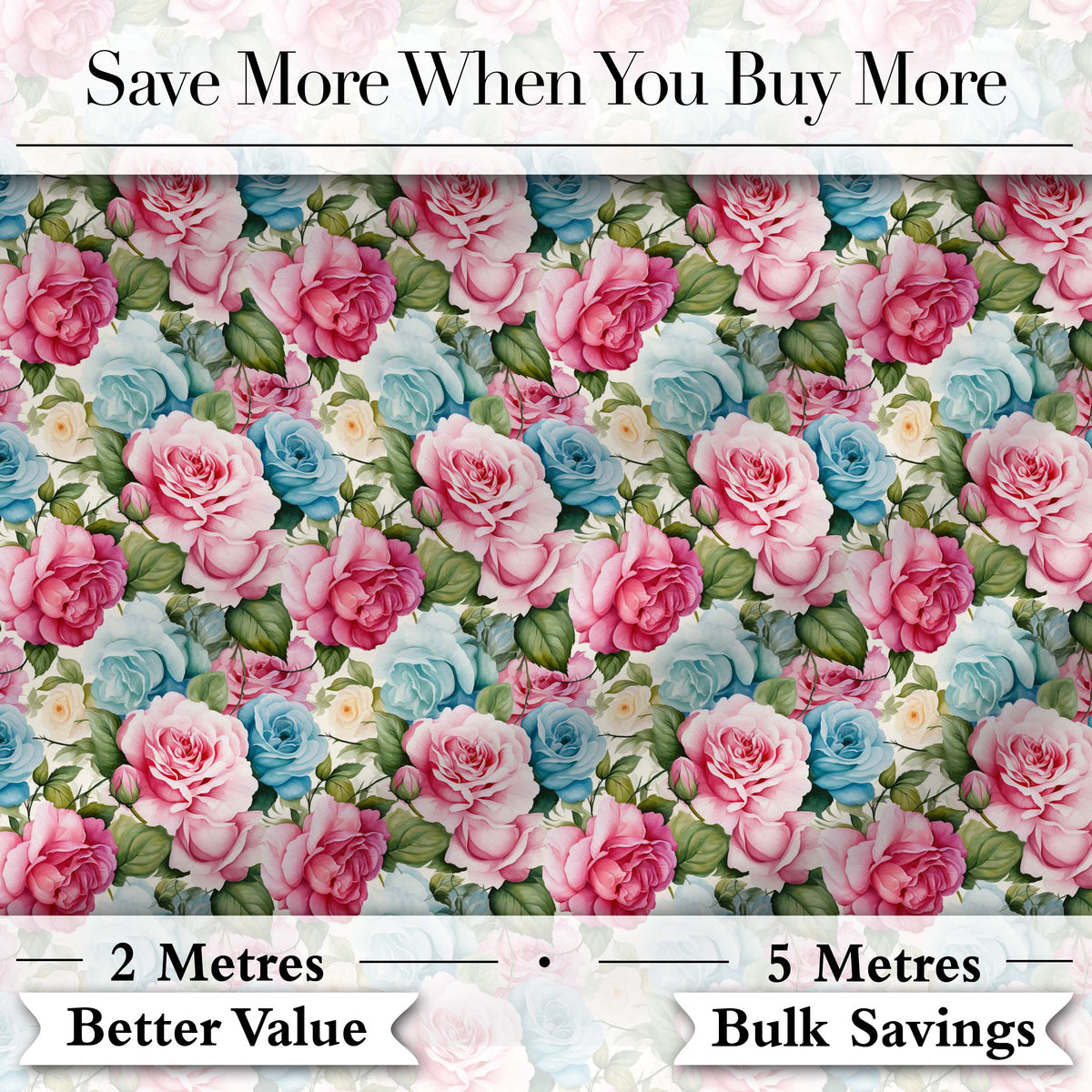 Elegant Pink Blue Rose Floral Seamless Pattern Digital Print Fabric by the Metre UK Sewing Quilting Textile
