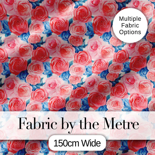 Soft Pink Blue Rose Floral Seamless Pattern Digital Print Fabric by the Metre UK Sewing Quilting Textile