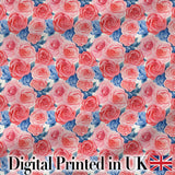 Soft Pink Blue Rose Floral Seamless Pattern Digital Print Fabric by the Metre UK Sewing Quilting Textile