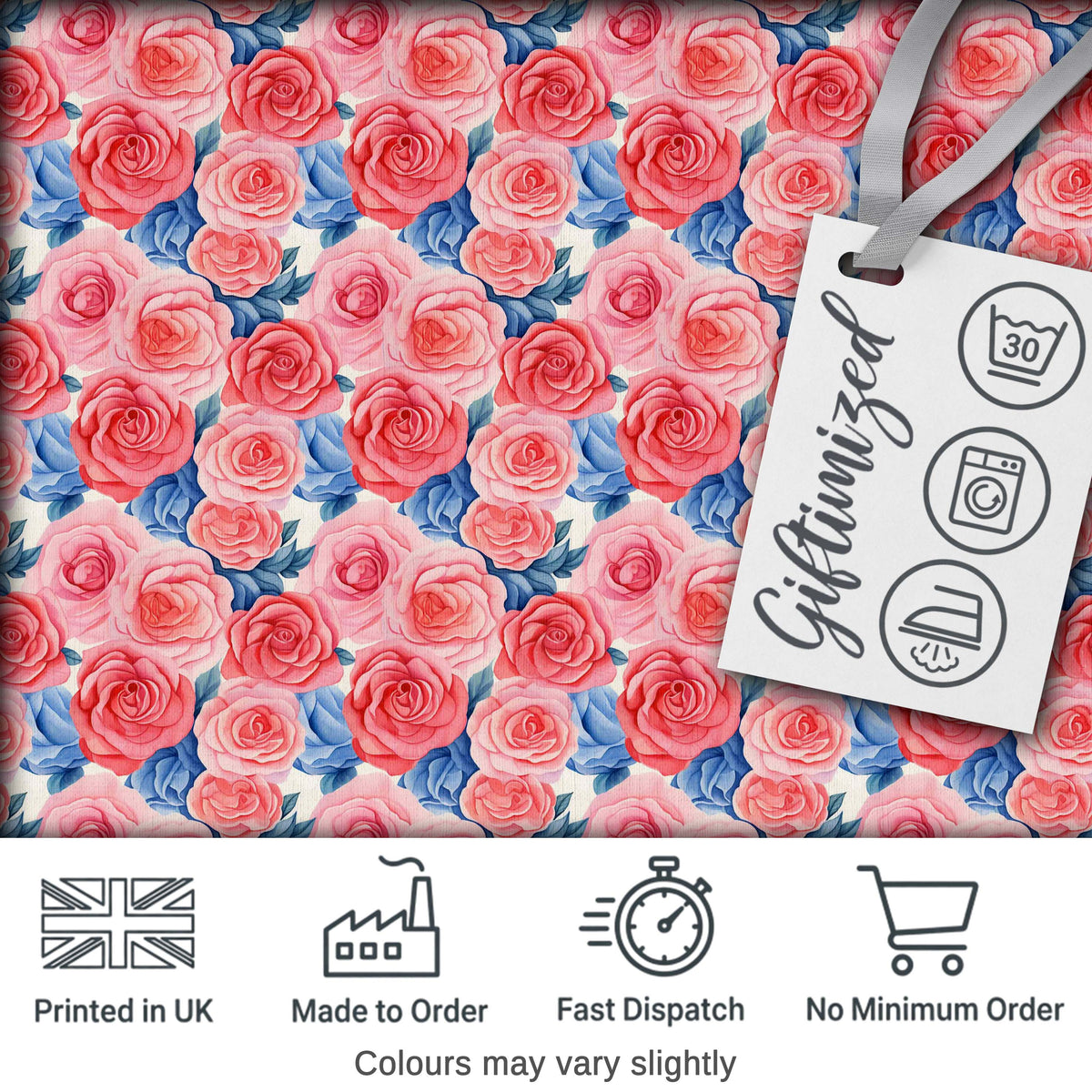 Soft Pink Blue Rose Floral Seamless Pattern Digital Print Fabric by the Metre UK Sewing Quilting Textile