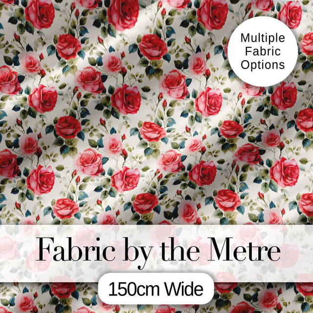 Timeless Red Pink Rose Botanical Seamless Pattern Digital Print Fabric by the Metre UK Sewing Quilting Textile