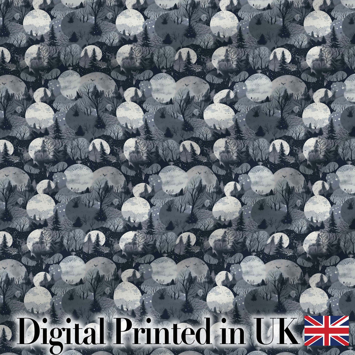 Night Woodland Moon Landscape Seamless Pattern Digital Print Fabric by the Metre UK Sewing Quilting Textile
